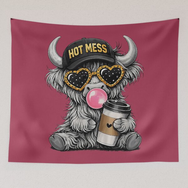 Item preview, Hot Mess Highland Cow Cute Heifer Blowing Bubblegum Farmer designed and sold by GreggRoss.