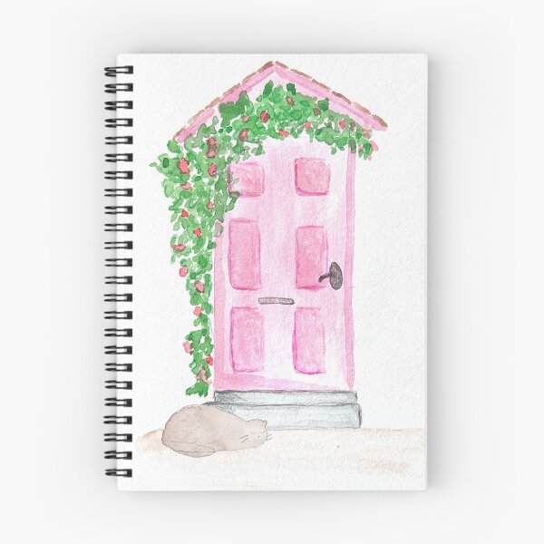 Item preview, A pink door with a sleeping cat - watercolor designed and sold by anamgoulart.