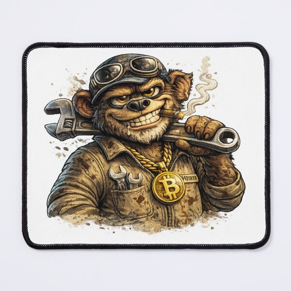Item preview, Monkey Mechanic with Bitcoin Chain – Grease Monkey Garage Mascot designed and sold by AlexLineArt.