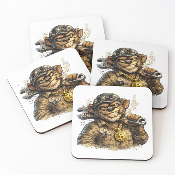 Item preview, Monkey Mechanic with Bitcoin Chain – Grease Monkey Garage Mascot designed and sold by AlexLineArt.