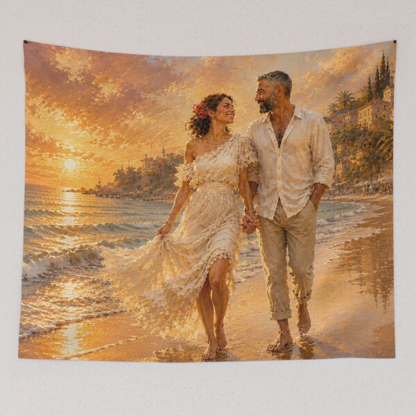 Item preview, Golden Hour Beach Stroll | Romantic Impressionist Sunset Painting designed and sold by CottageArtistry.
