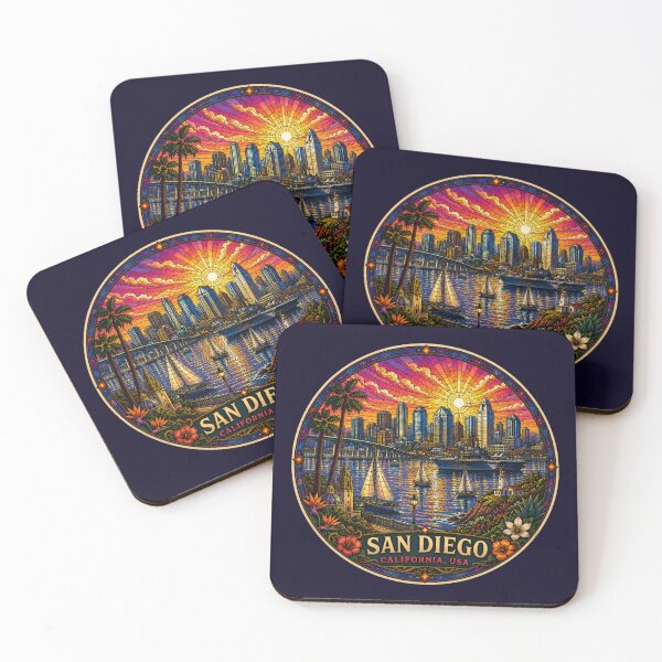 Item preview, San Diego California Stained Glass Travel Art | Vintage Coastal City Print | Harbor Sunset Wall Decor   designed and sold by Swanny's Custom T-shirt and Gift Designs.