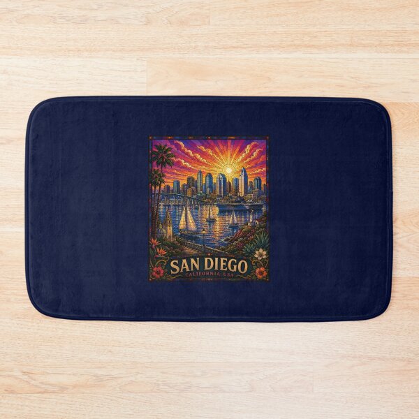 Item preview, San Diego California Stained Glass Travel Art | Vintage Coastal City Print | Harbor Sunset Wall Decor   designed and sold by Swanny's Custom T-shirt and Gift Designs.