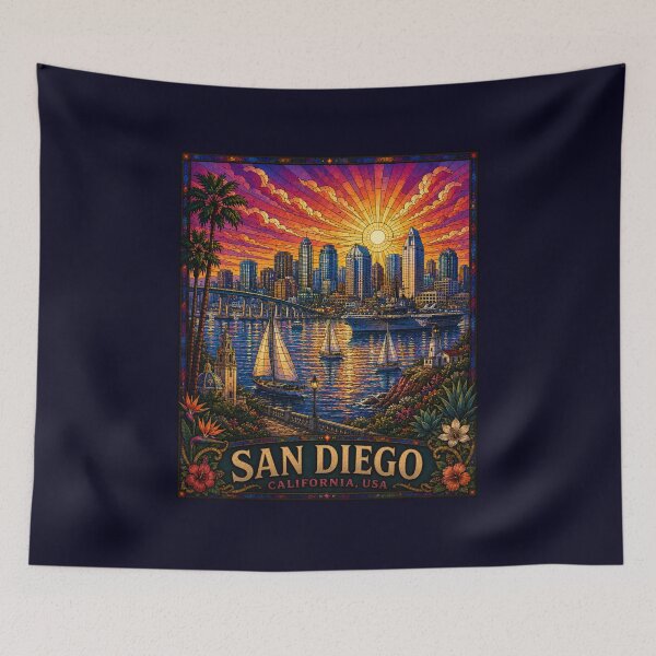 Item preview, San Diego California Stained Glass Travel Art | Vintage Coastal City Print | Harbor Sunset Wall Decor   designed and sold by Swanny's Custom T-shirt and Gift Designs.