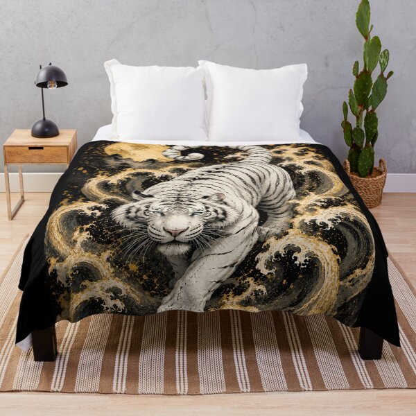 Item preview, White Tiger Moon Wave Relief Art | Embossed Wildlife Wall Decor | Majestic White Tiger | Oriental Moon Sculpture Style | Textured Animal Artwork | Zen Home Decor designed and sold by ManJiangHong.