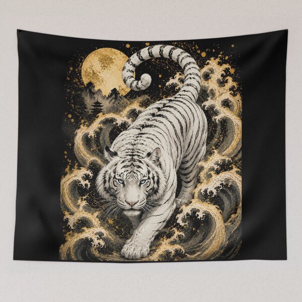 Item preview, White Tiger Moon Wave Relief Art | Embossed Wildlife Wall Decor | Majestic White Tiger | Oriental Moon Sculpture Style | Textured Animal Artwork | Zen Home Decor designed and sold by ManJiangHong.