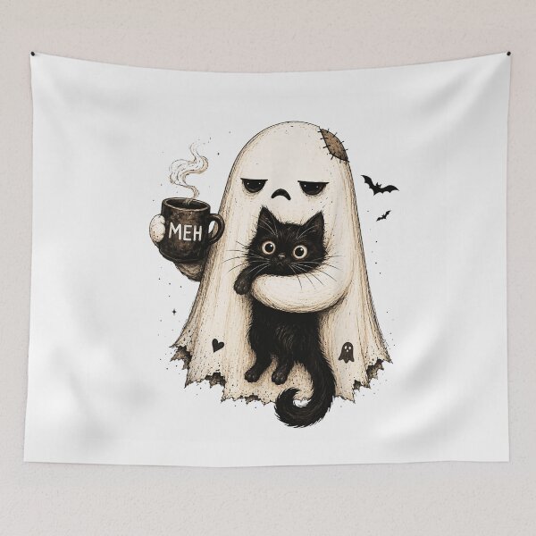 Item preview, Cute Ghost Holding Black Cat Coffee Mug Meh Halloween Graphic designed and sold by JiscoRomanela.