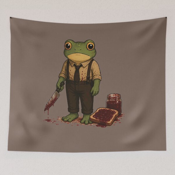 Artikelvorschau, Lustiger Marmeladenmord-Aufkleber – Frosch-Erdbeermarmelade-Horrorparodie-Illustration entworfen und verkauft von SimplePoDesign.