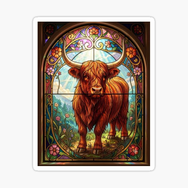 Item preview, Stained Glass Scottish Highland Cow Art Nouveau Print designed and sold by pinkal.