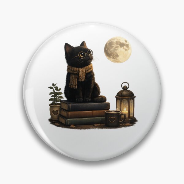Item preview, Cute Black Cat Under the Moon with Books and Lantern designed and sold by Rhimoushop.