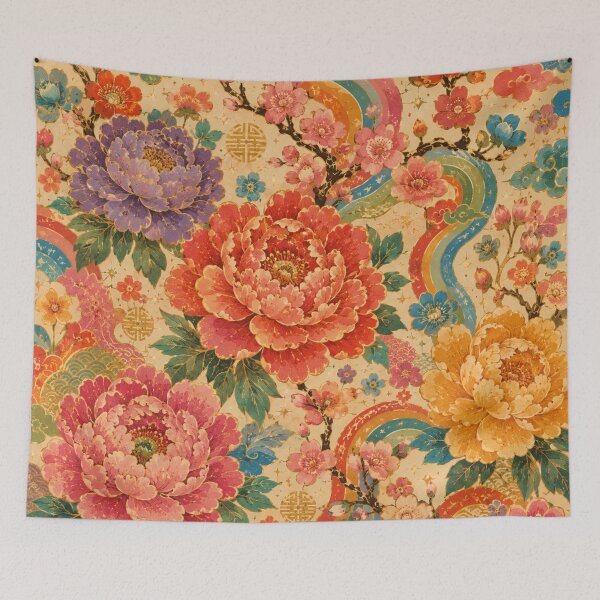 Item preview, Colorful Chinese Peonies – Vintage 70s Asian Floral Pattern designed and sold by MarekoraStudio.