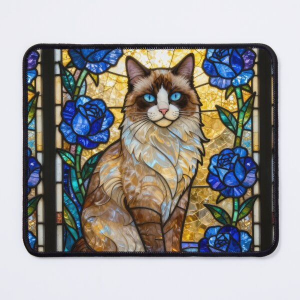 Item preview, Ragdoll Cat Stained Glass Blue Roses Art Print designed and sold by pinkal.