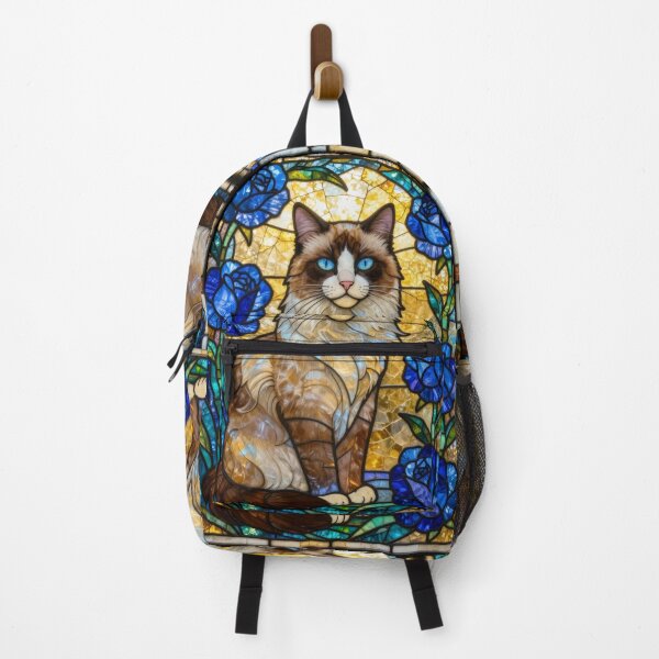 Item preview, Ragdoll Cat Stained Glass Blue Roses Art Print designed and sold by pinkal.