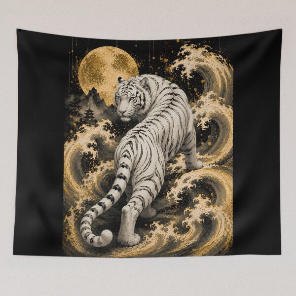 Item preview, White Tiger Moon Wave Relief Art | Embossed White Tiger Back View | Oriental Sculptural Wall Decor | Textured Wildlife Artwork | Majestic Tiger Home Decor | Zen Nature Art designed and sold by ManJiangHong.