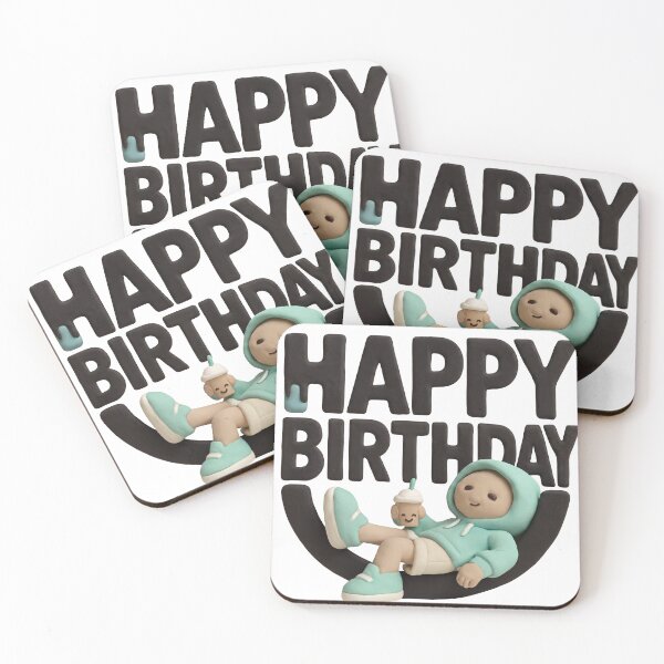 Item preview, 3D claymation style Happy Birthday text with a cute character relaxing in a hoodie on black background designed and sold by YasminTaha.