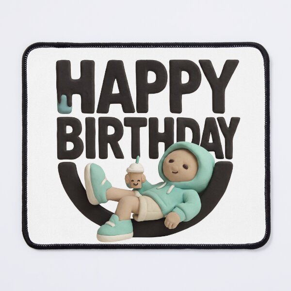 Item preview, 3D claymation style Happy Birthday text with a cute character relaxing in a hoodie on black background designed and sold by YasminTaha.