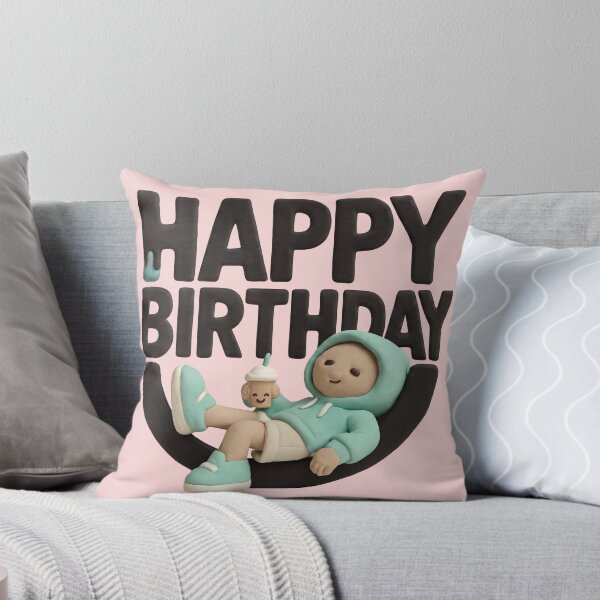 Item preview, 3D claymation style Happy Birthday text with a cute character relaxing in a hoodie on black background designed and sold by YasminTaha.