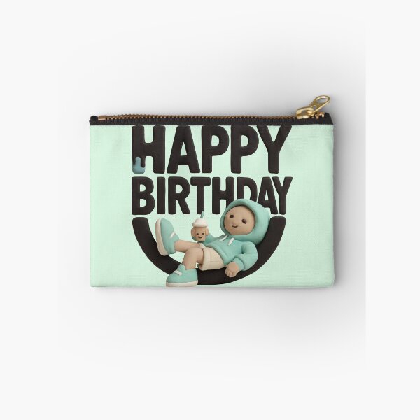 Item preview, 3D claymation style Happy Birthday text with a cute character relaxing in a hoodie on black background designed and sold by YasminTaha.
