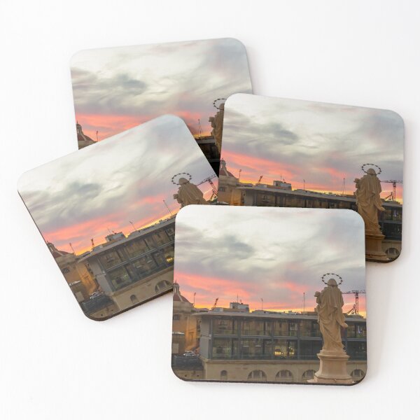 Item preview, Stone Religious Statue Overlooking Urban Harbor Skyline At Dramatic Sunset With Construction Cranes designed and sold by Nmallia.