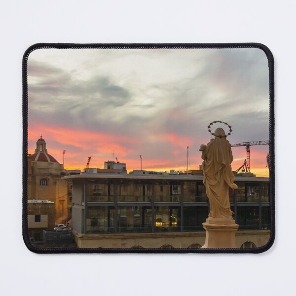 Item preview, Stone Religious Statue Overlooking Urban Harbor Skyline At Dramatic Sunset With Construction Cranes designed and sold by Nmallia.