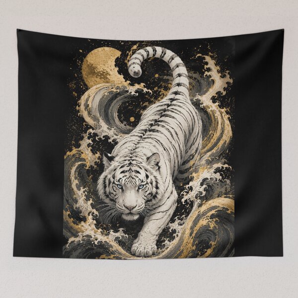 Item preview, White Tiger Moon Wave Relief Art | Embossed White Tiger Wall Decor | Majestic Wildlife Sculpture Style | Oriental Textured Artwork | Zen Nature Home Decor | Fantasy Tiger Art designed and sold by ManJiangHong.