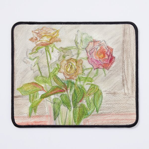 Item preview, Soft Roses in Glass Vase – Delicate Botanical Colored Pencil Illustration designed and sold by Dina's Fine Arts.