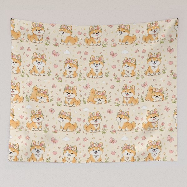 Item preview, Shiba Inu Heart Flower Crown Pattern designed and sold by Soft Berry Studio.