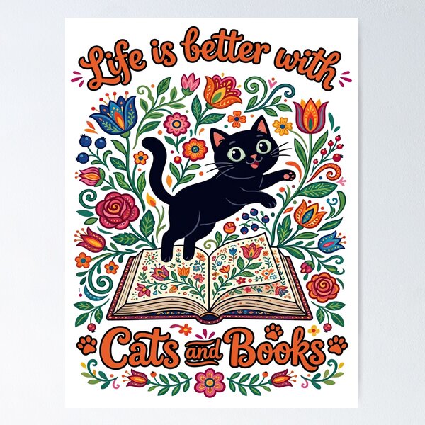Item preview, Life Is Better With Cats And Books Black Cat Folk Art designed and sold by TeeARTHY.