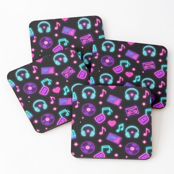 Item preview, Neon Retro Music Pattern with Vinyl Records, Headphones, Cassette & Musical Notes designed and sold by Joyfulfabric.
