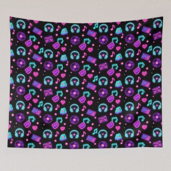Item preview, Neon Retro Music Pattern with Vinyl Records, Headphones, Cassette & Musical Notes designed and sold by Joyfulfabric.
