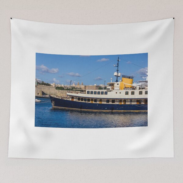 Item preview, Luxury Yacht Docked in Sunny Harbor Near Historic Waterfront and City Skyline designed and sold by Nmallia.
