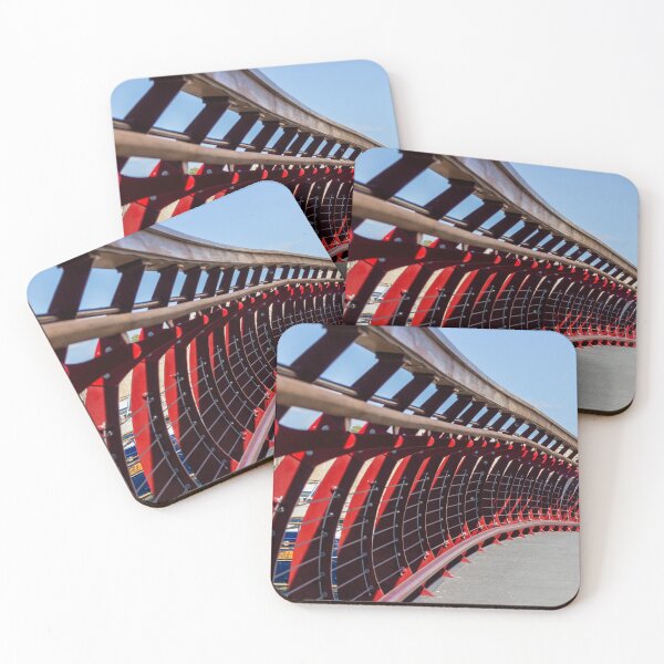 Item preview, Curved Red Pedestrian Bridge Railing Over Marina With Modern Architectural Lines And Dramatic Perspective designed and sold by Nmallia.