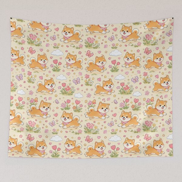 Item preview, Shiba Inu Heart Flower Field Pattern designed and sold by Soft Berry Studio.