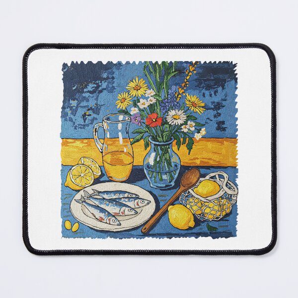Item preview, Mediterranean Still Life Lemons Flowers And Fish Oil Painting designed and sold by TeeARTHY.