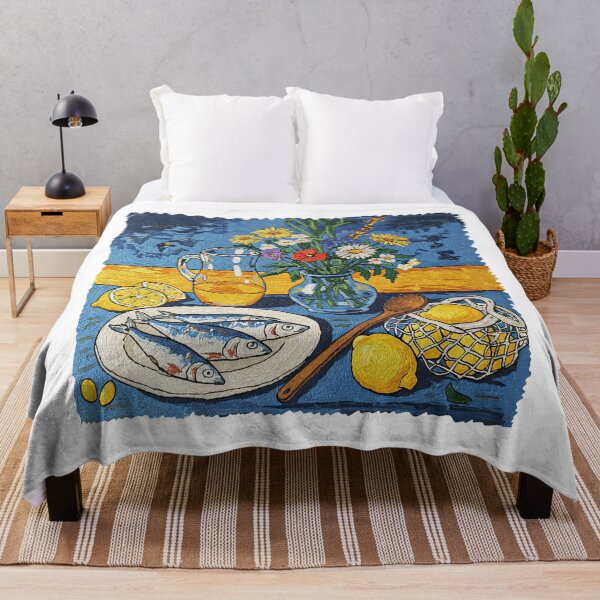 Item preview, Mediterranean Still Life Lemons Flowers And Fish Oil Painting designed and sold by TeeARTHY.