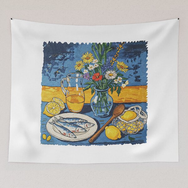 Item preview, Mediterranean Still Life Lemons Flowers And Fish Oil Painting designed and sold by TeeARTHY.