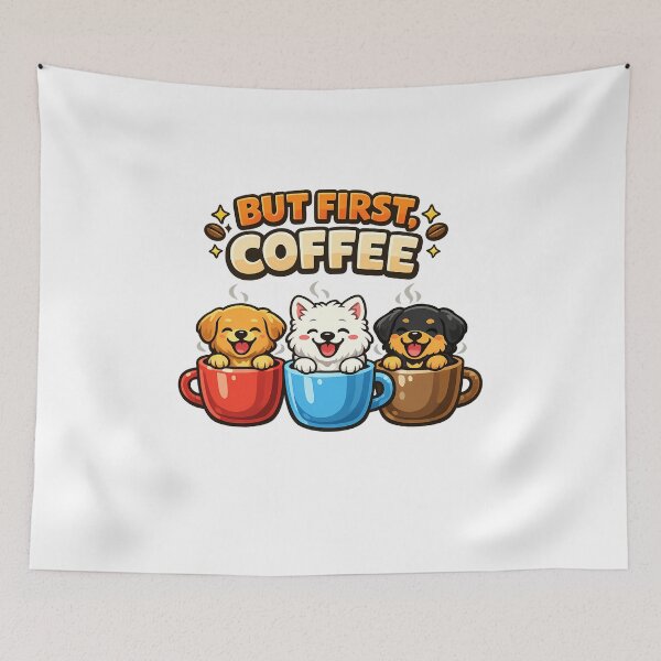 Item preview, But First, Coffee – Cute Puppy Coffee Cartoon T-Shirt Design designed and sold by HoMya.
