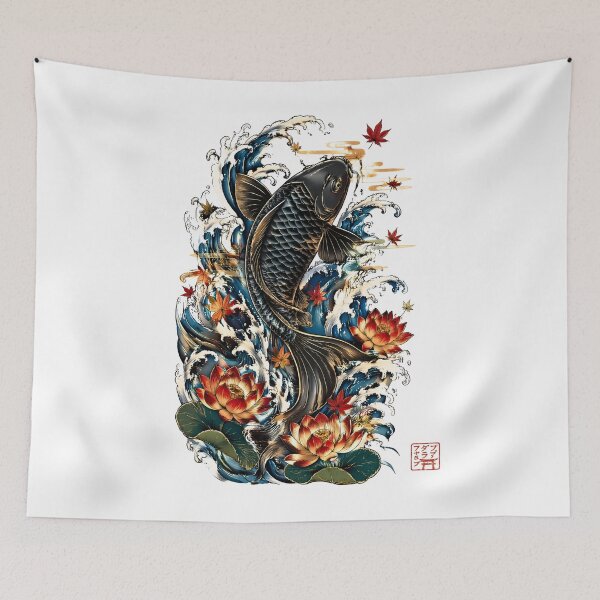 Item preview, Black Koi Fish with Lotus Flowers | Traditional Japanese Water Art designed and sold by kaxymax.