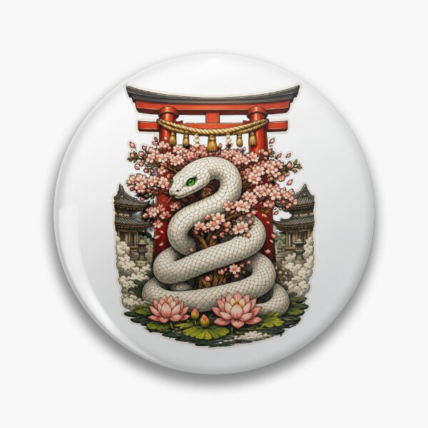 Item preview, White Serpent of the Sakura Shrine | Japanese Snake Spirit | Cherry Blossom Torii Gate | Lotus Temple | Japanese Mythology Art designed and sold by MrDev.