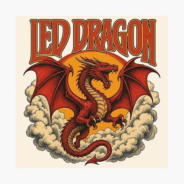 Item preview, Led Dragon - Retro 70s Rock Fantasy Emblem designed and sold by Dice_Goblin_Studio.
