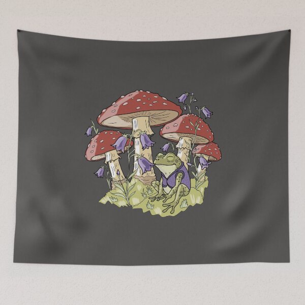 Item preview, Frog in vest with amanita mushrooms and bluebells cottagecore illustration designed and sold by LeshanArt.