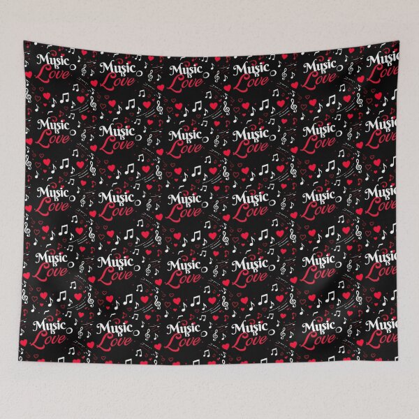 Item preview, Music Is Love Seamless Pattern – Musical Notes and Hearts on Black Background – Cute Music Lover Design designed and sold by Joyfulfabric.