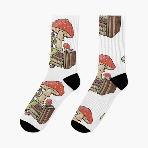 Item preview, Frog reading books on mushroom and leaf cottagecore illustration designed and sold by LeshanArt.