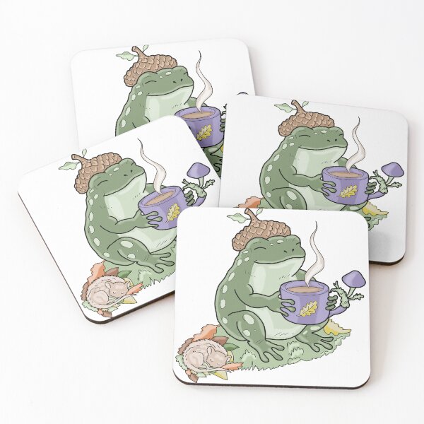 Item preview, Frog drinking coffee with acorn hat and snail cottagecore illustration designed and sold by LeshanArt.
