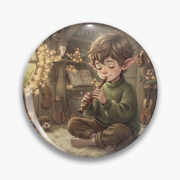 Item preview, Little Elf Playing Flute In Cozy Forest Cabin designed and sold by Azurart2.