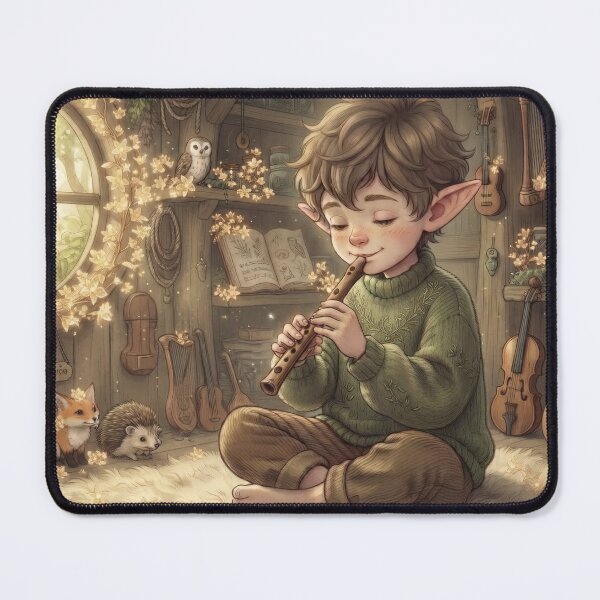 Item preview, Little Elf Playing Flute In Cozy Forest Cabin designed and sold by Azurart2.