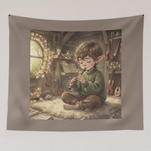 Item preview, Little Elf Playing Flute In Cozy Forest Cabin designed and sold by Azurart2.