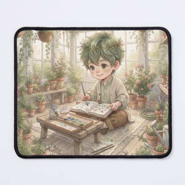 Item preview, Cute Botanical Artist Sketching In Sunny Green Greenhouse designed and sold by Azurart2.