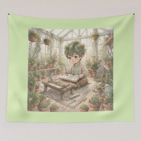 Item preview, Cute Botanical Artist Sketching In Sunny Green Greenhouse designed and sold by Azurart2.