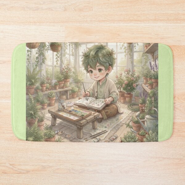 Item preview, Cute Botanical Artist Sketching In Sunny Green Greenhouse designed and sold by Azurart2.